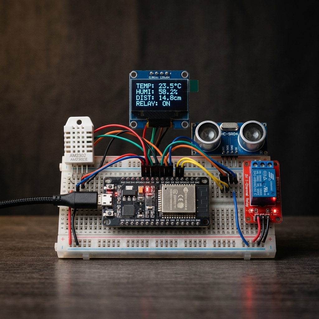 ESP32 Wi-Fi development board with LCD display and USB cable