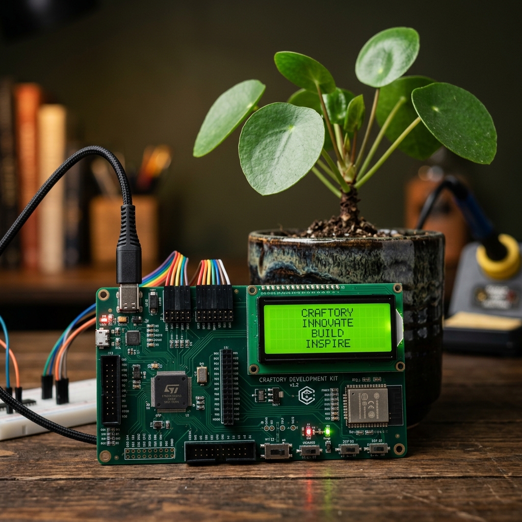 Craftory custom microcontroller LCD development board with green plant in background