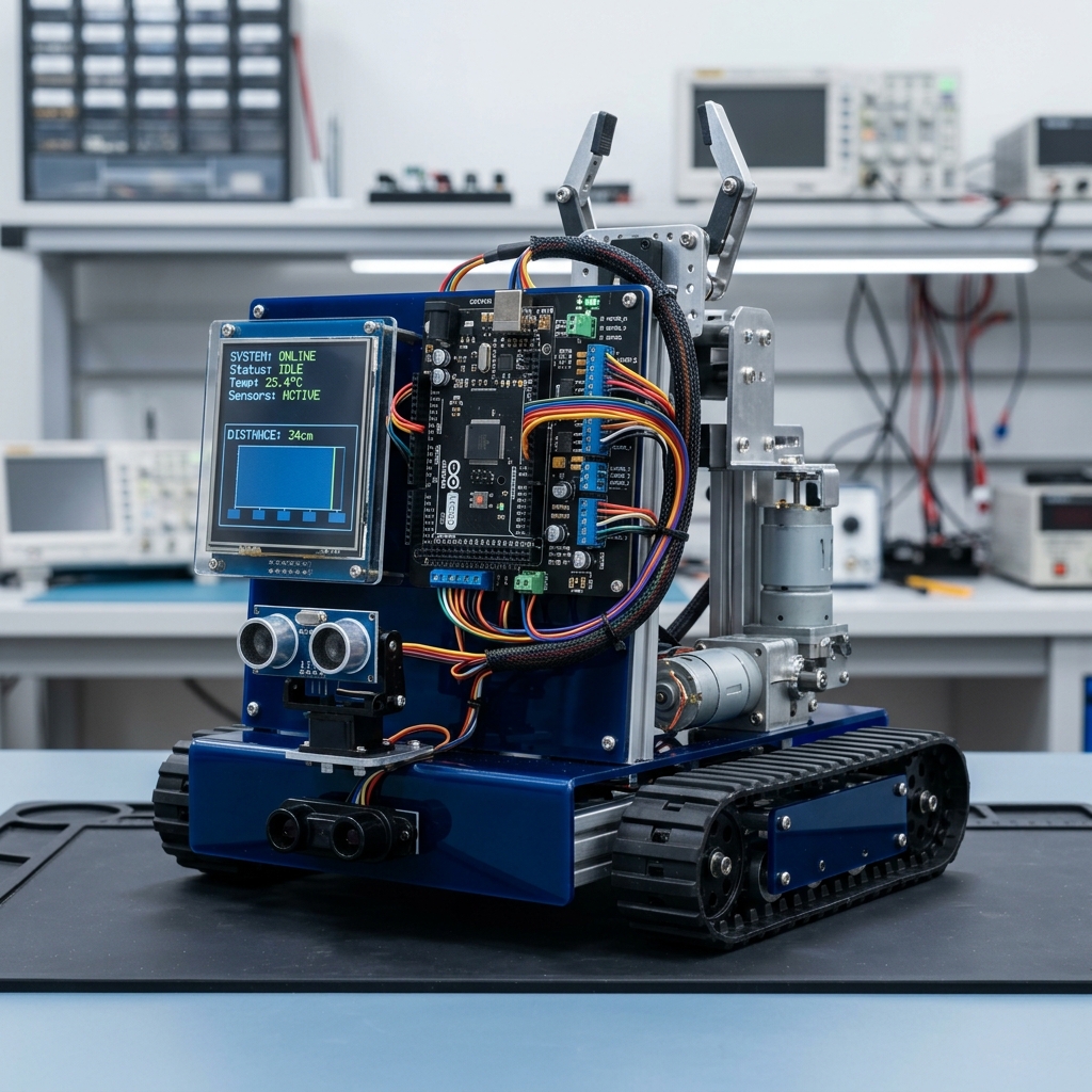 AI-Based RF Interference Classification — Real-world ECE Wireless Communications & Networking working prototype laboratory photography with physical sensors, controller, and wiring